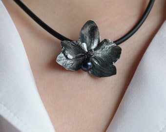 Black silver orchid  pendant, black flower pendant, silver flower necklace, dark blue natural pearl, freshwater navy blue pearl,