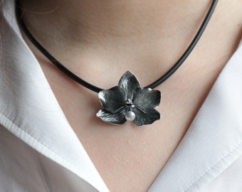 Black silver orchid  pendant, black flower pendant, silver flower necklace, silver / grey natural pearl, freshwater silver / grey pearl,