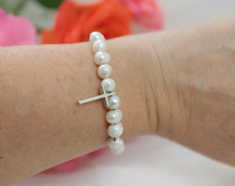 Rosary pearl and silver bracelet, Silver rosary on a thong, catholic gift, christian present.