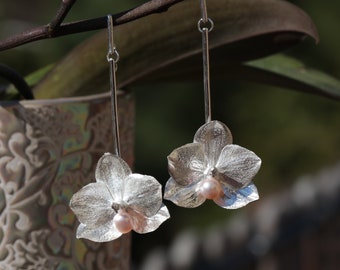 Sterling Silver Orchid earrings, Silver flowers, silver pearl flowers
