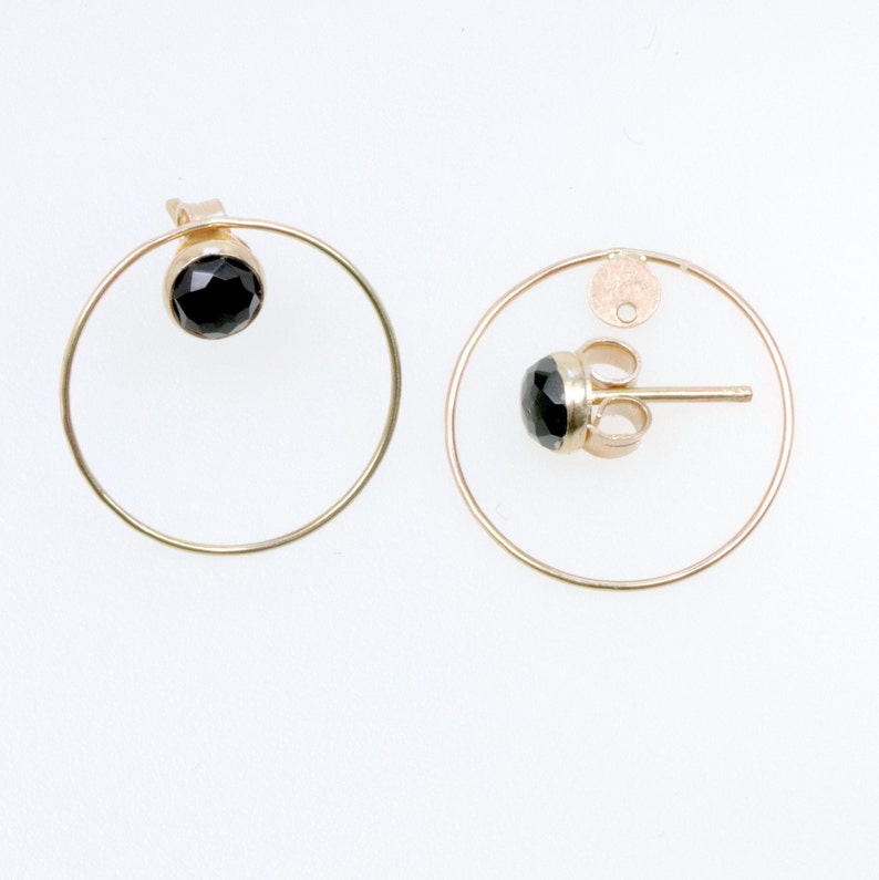14k solid gold Simple, minimalistic Gold Golden earrings with natural black onyx image 3