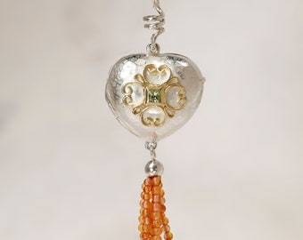 Coeur, médaillon, pendentif, argent, or, 18 carats, filigrane, péridot, unique, travail d'orfèvrerie, Kathi Breidenbach