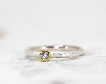Brilliant ring with texture, diamond in gold setting, stacking ring, collector ring, stacking ring, stackable ring, narrow, silver ring, hammered