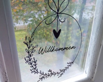 Aufkleber Willkommen, Sticker Kranz Willkommensschild als Türdeko oder Fensterbild