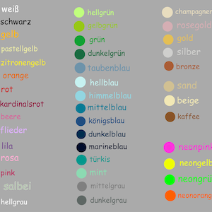 Puede incluir: Una carta de colores con 36 colores diferentes, cada uno con un nombre alem&aacute;n. Los colores est&aacute;n dispuestos en tres columnas, con los nombres de los colores enumerados junto a cada muestra de color.