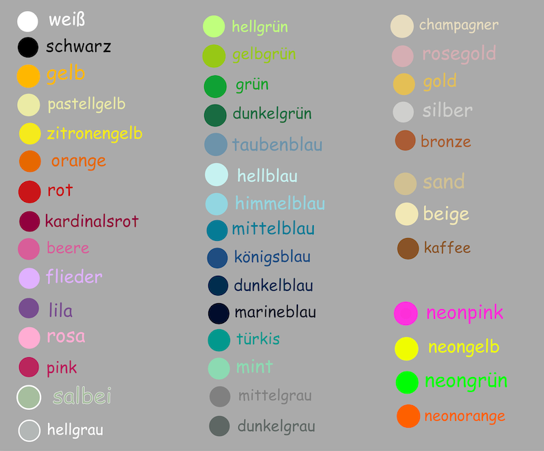 Puede incluir: Una carta de colores con 36 colores diferentes, cada uno con un nombre alem&aacute;n. Los colores est&aacute;n dispuestos en tres columnas, con los nombres de los colores enumerados junto a cada muestra de color.