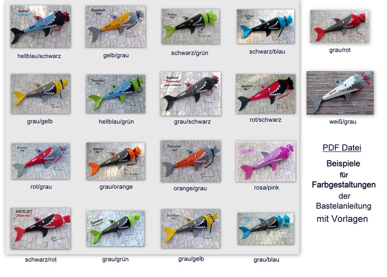 K&ouml;nnte beinhalten: Eine Sammlung von 16 bunten, haifischf&ouml;rmigen Pinata-Kegeln. Jeder Kegel ist aus Filz gefertigt und hat eine andere Farbkombination. Die Kegel sind in einem Rastermuster auf wei&szlig;em Hintergrund angeordnet. Der Text "PDF Datei Beispiele f&uuml;r Farbgestaltungen der Bastelanleitung mit Vorlagen" ist in der unteren rechten Ecke des Bildes sichtbar.