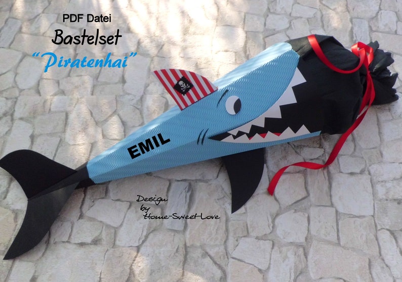 Craft instructions and templates school cone shark, pirate shark