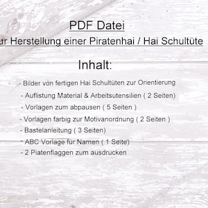 K&ouml;nnte beinhalten: PDF-Datei zur Herstellung einer Hai-Schult&uuml;te. Die Datei enth&auml;lt Bilder von fertigen Schult&uuml;ten, Materiallisten, Vorlagen, Anleitungen und eine Namenschildvorlage.