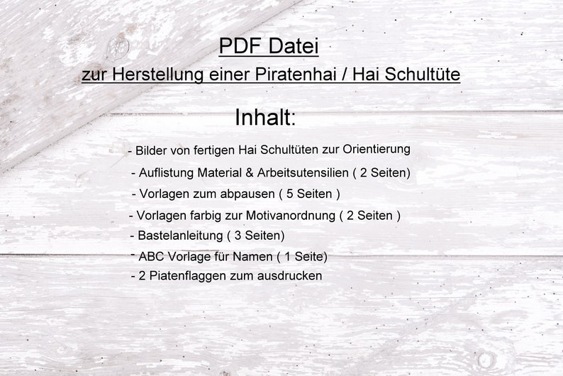 K&ouml;nnte beinhalten: PDF-Datei zur Herstellung einer Hai-Schult&uuml;te. Die Datei enth&auml;lt Bilder von fertigen Schult&uuml;ten, Materiallisten, Vorlagen, Anleitungen und eine Namenschildvorlage.