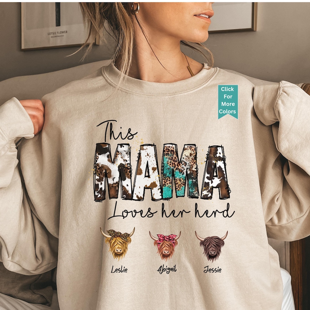 Custom Mama Sweatshirt With Kid Name This Mama Loves Her Herd Mama