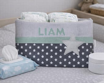 Luiertas met naam "Star mintgrijs" luiertas, toilettas, toilettas met naam, met baby en kind onderweg, toilettas