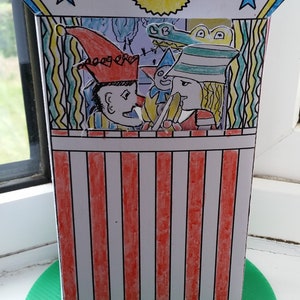 Punch and Judy booth & 6 puppets black/ white TEMPLATE only