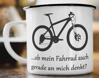 Emaille Tasse " Fahrrad denkt MTB “Mountainbike Bike Trikot Radsport Geschenk Becher Motiv beidseitig bedruckte Tasse