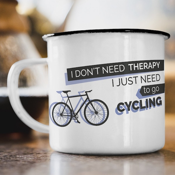 Emaille Tasse "Therapie Fahrrad" Bike Bicycle Rennrad Mountainbike MTB