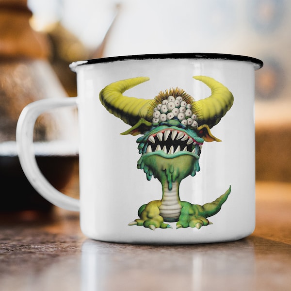 Enamel Cup "Black beast of argh" Monty Python Coffee