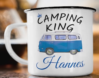 Wunschname Emaille Tasse "Camping King“ Personalisiert Camper Zelten Natur Wohnwagen Geschenk