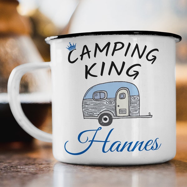 Wunschname Emaille Tasse "Camping King“ Personalisiert Camper Zelten Natur Wohnwagen Geschenk