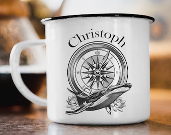 Wunschname Emaille Tasse "Kompass Wal“ Personalisiert Camper Zelten Natur Wohnwagen Geschenk