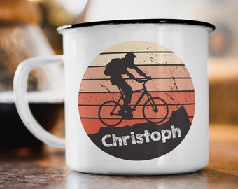 Wunschname Emaille Tasse "Fahrrad Sunset“ Personalisiert Mountainbike Bike Trikot Radsport