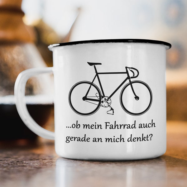 Emaille Tasse "Fahrrad denkt Rennrad“ Bike Trikot Radsport Geschenk Becher Motiv beidseitig bedruckte Tasse