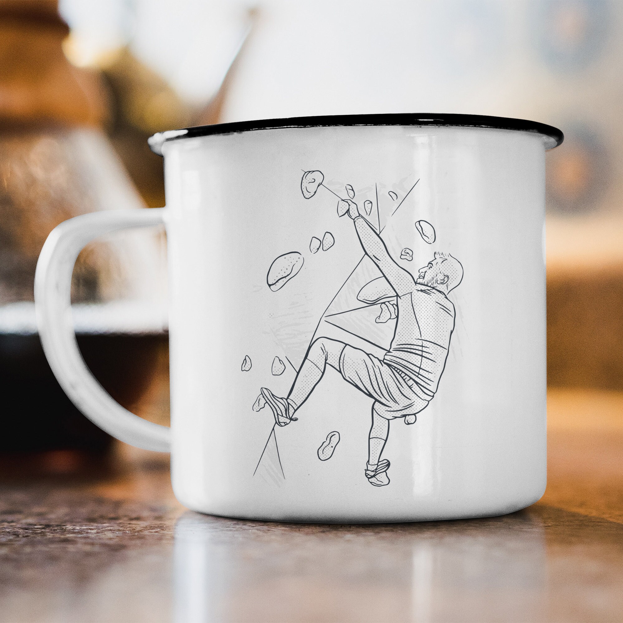 Emaille Tasse "Bouldern“ Klettern Freeclimbing Geschenk Becher Motiv beidseitig bedruckt