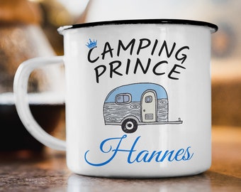 Wunschname Emaille Tasse "Camping Prince“ Personalisiert Camper Zelten Natur Wohnwagen Geschenk