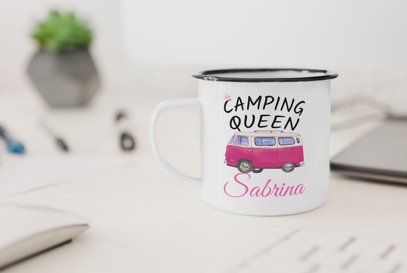 Custom Name Enamel Mug Camping Queen Personalized Camper Tents Nature Caravan Gift image 3