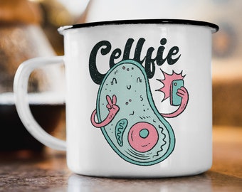 Emaille Tasse "Cellfie" Geschenk Becher Motiv beidseitig bedruckte Tasse