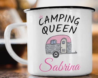 Wunschname Emaille Tasse "Camping Queen“ Personalisiert Camper Zelten Natur Wohnwagen Geschenk