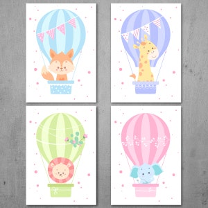4er Poster Kunstdruck Set A3 Fuchs Elefant Giraffe Löwe Tiere Baby Deko Bilder Bild
