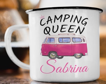 Wunschname Emaille Tasse "Camping Queen“ Personalisiert Camper Zelten Natur Wohnwagen Geschenk