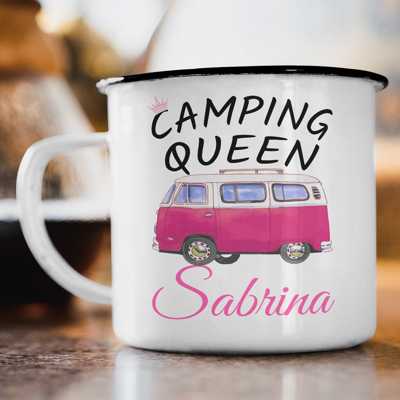 Custom Name Enamel Mug Camping Queen Personalized Camper Tents Nature Caravan Gift image 1