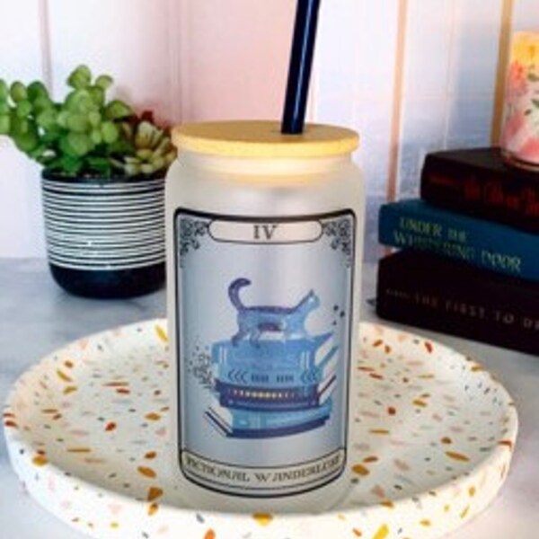 Cat On Books Tarot / 16 Unzen geeist / gefrostete Libbey Glas Sodadose / Katzenliebhaber /Buchliebhaber