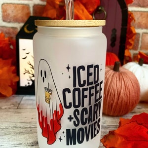 Scary Movies & Iced Coffee Ghost/ 16oz iced/ frosted Libbey glass soda can/ Hallowee/ Scream/ Horror