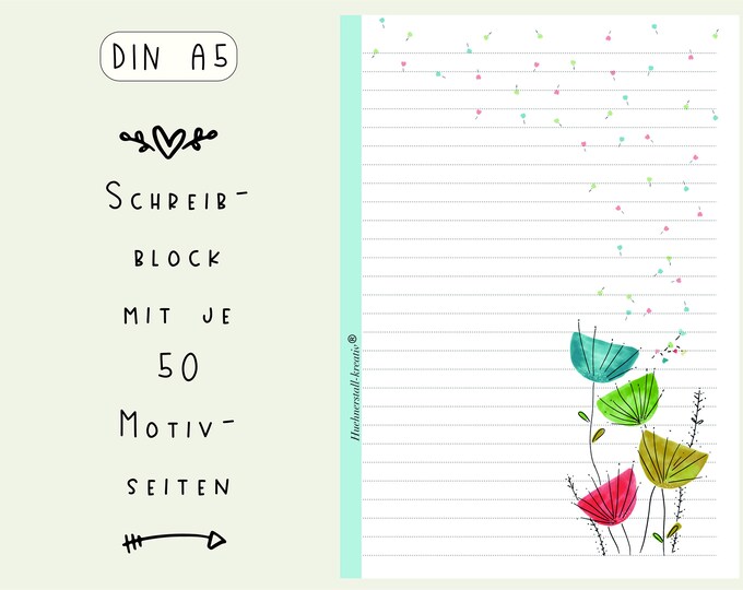 Notepad / Writing Pad / Shopping List / Din A5 / Drawing / Illustration / Print / Note / Lined / Stationery / Pusteblume