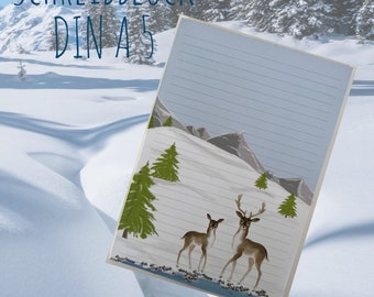 Notepad / Writing Pad / Din A5 / Drawing / Illustration / Print / Paper / Lined / Stationery / Deer / Winter / Stationary / Gift