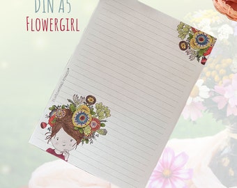 Notepad / writing pad / Din A5 / drawing / illustration / print / slip of paper / lined / stationery / stationery / flowers / girl