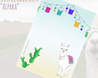 Notepad / writing pad / shopping list / DIN A5 / drawing / illustration / print / note / lined / stationery / llama / alpaca