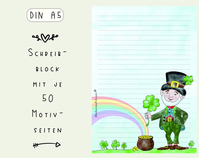 Notepad / Writing Pad / Shopping List / Din A5 / Drawing / Illustration / Print / Paper / Lined / Stationery / Leprechaun