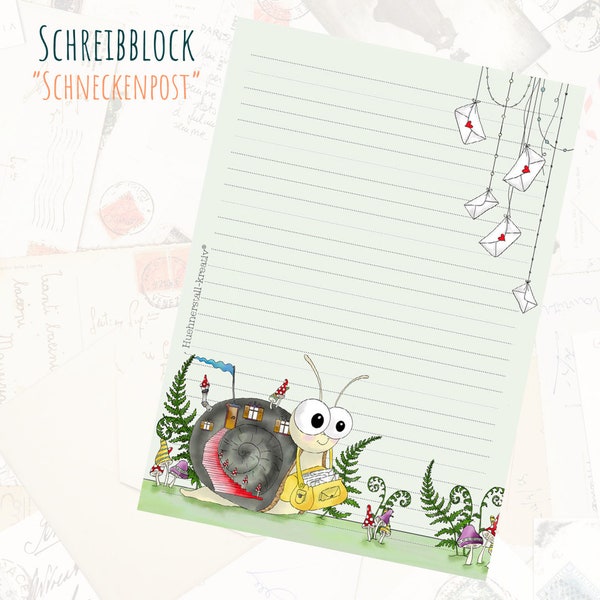 Notizblock  / Schreibblock / Post / Din A5 / Zeichnung / Illustration / Druck / Zettel / liniert / Briefpapier / Stationary / Schnecke