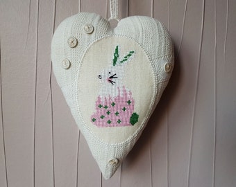 XL-HERZ 20x17cm - Osterhase weiß rosa - Bauernleinen