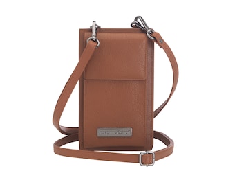 Women's large genuine leather crossbody phone bag with wallet for mobile phone/smartphone, RFID protection, zipper (102)