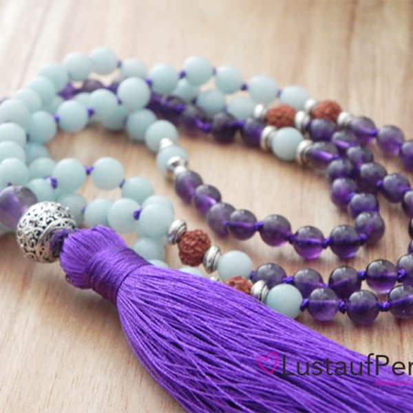 108 Mala Chain Amazonite Amethystn Rudraksha Prayer Chain Boho Necklace