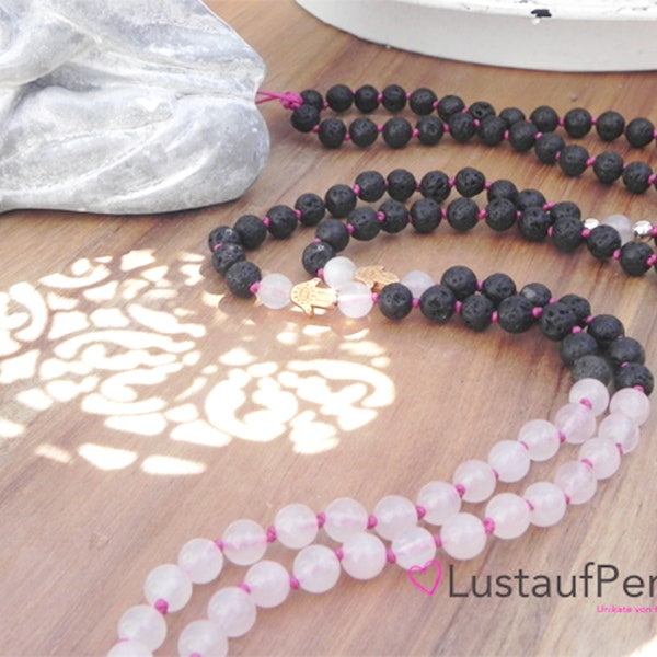 Rose quartz and lava Mala, 108 pearls Mala, lotus necklace Mala, prayer necklace, yoga necklace Hamsa, Mala hand-knotted