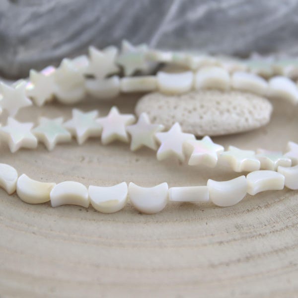 Shell pearls, stars or moon, 5 pieces, assorted colors, mother-of-pearl beads for bracelet
