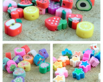 10x Polymer Clay Obst, Seesterne oder Herzen  Zufallmix, Bunte Perlen, Kinderperlen