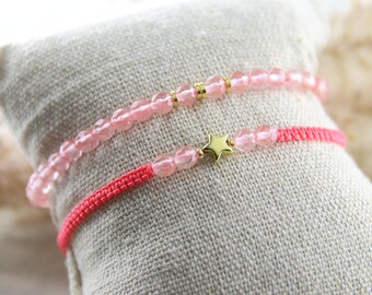 Women's bracelet set made of faceted cherry quartz, gemstone macrame bracelet star, personalized gift idea, delicate gemstone bracelet.