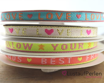 1 m (1.25EUR/meter) decorative ribbon 10 mm various colors and texts, festival ribbon, party bracelets, festival bracelets