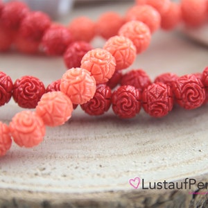 4x carved flower beads 8 mm synthetic coral red or coral colored, lotus beads, bracelet beads lotus